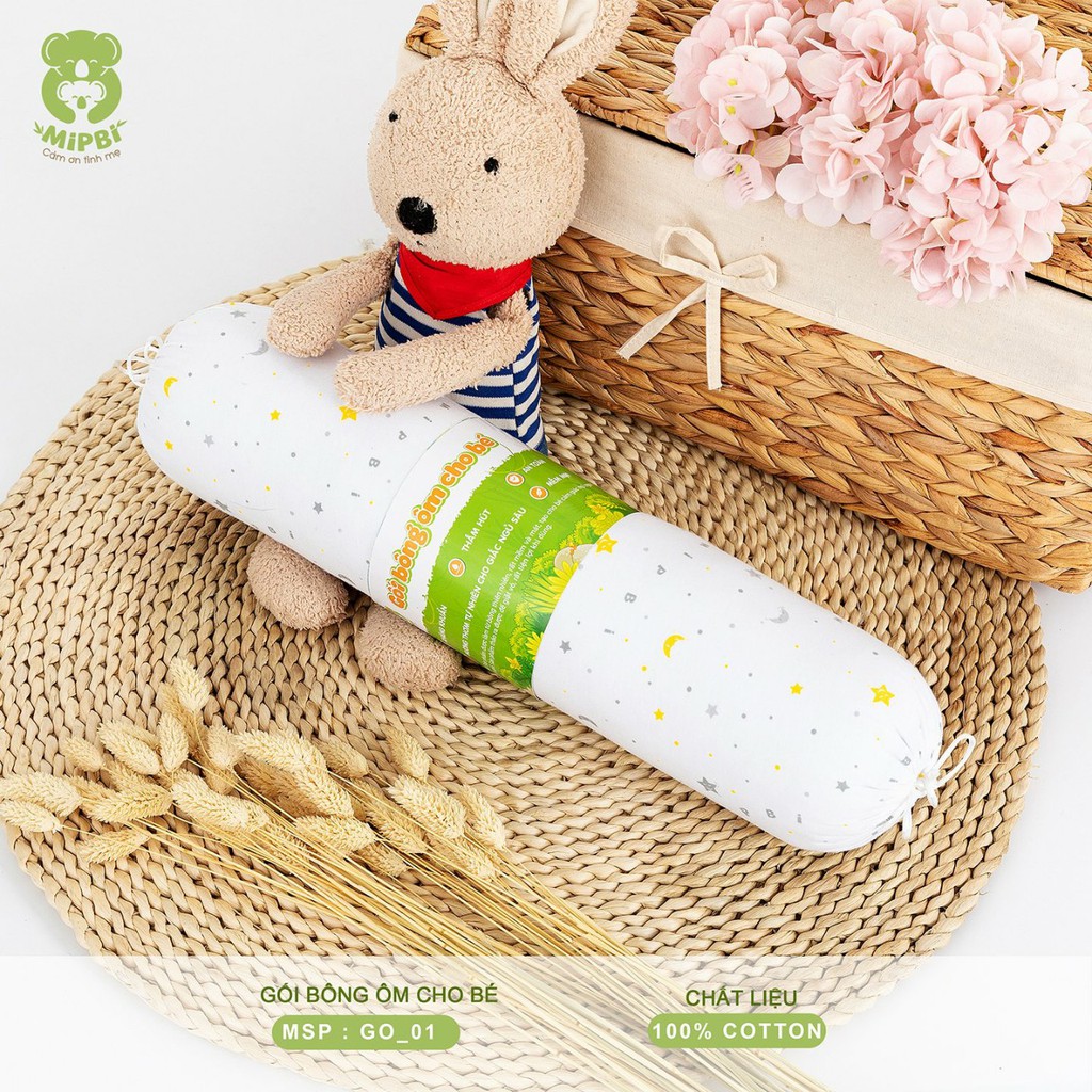 Gối bông ôm cho bé Mipbi dài 50cm 100% cotton, vỏ gối giặt được