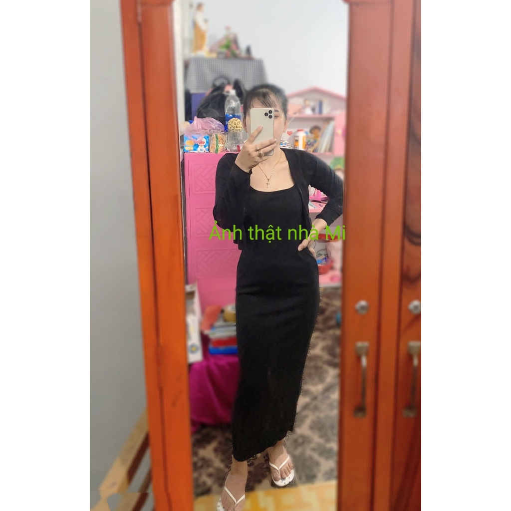 Set đầm hai dây maxi kèm áo khoác dài tay 2 màu ĐEM- XÁM chất thun gân dày dặn FREESIZE DƯỚI54KG MIDORI247