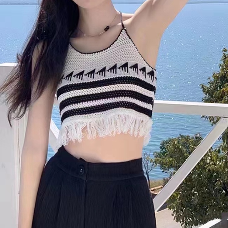 DUNEA Áo Hai Dây Kẻ Sọc Phối Tua Rua Thời Trang Cho Nữ