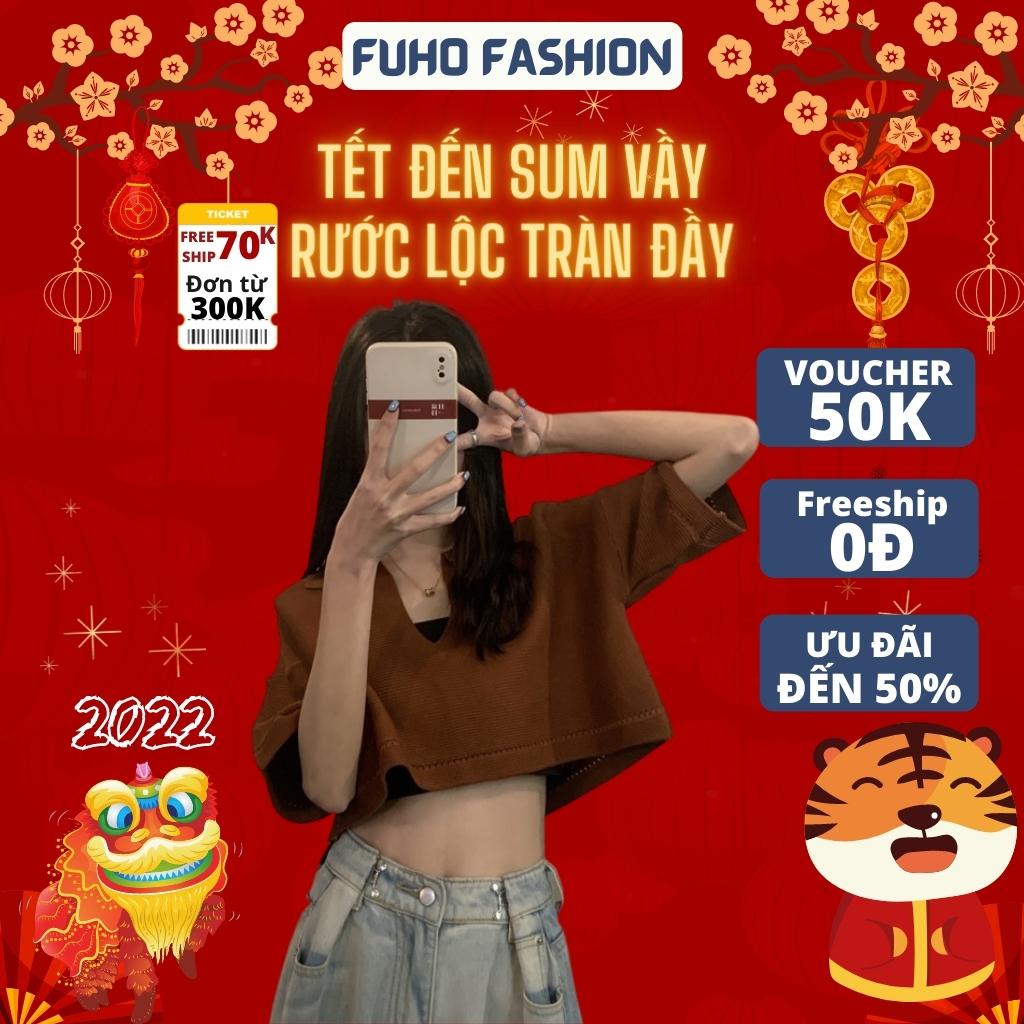 [ Hàng Cao Cấp ] Áo croptop polo nữ ngắn tay cổ V bẻ khoét điệu đà FUHO Fashion thời trang Hàn Quốc mặc đi chơi 058