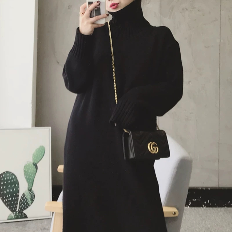 Đầm Sweater Dệt Kim Tay Dài Cổ Cao Dáng Rộng Thời Trang Mùa Đông Cho Nữ