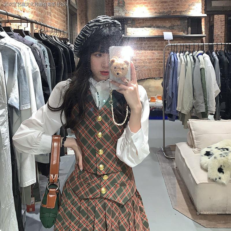 Set áo sơ mi cổ chữ v dài tay + áo vest + chân váy thời trang xuân thu phong cách retro cho nữ 2021