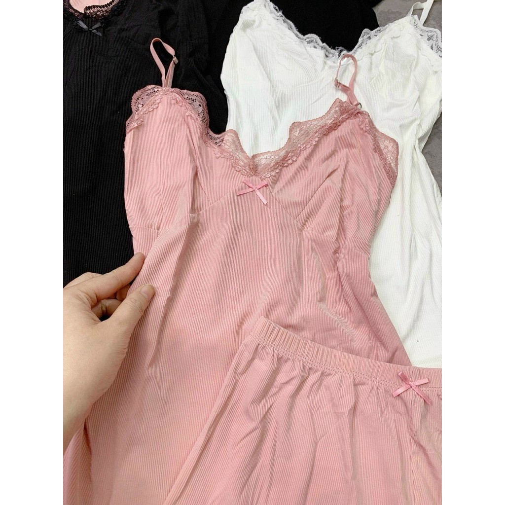 Bộ đồ ngủ len tăm 2 dây viền ren xinh xắn <48kg | BigBuy360 - bigbuy360.vn