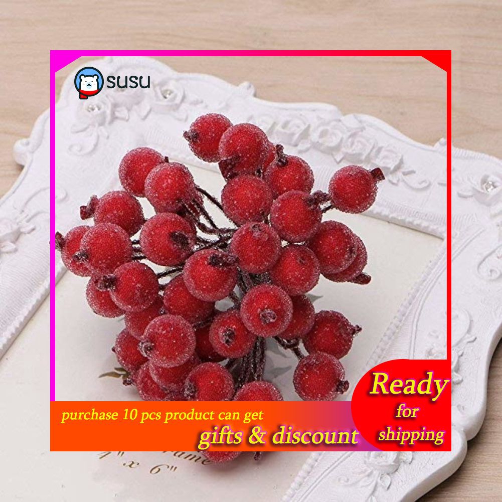 【trang trí tường】 Decorative Mini Christmas Frosted Artificial Berry Vivid Red Holly Berry Holly Berries Home Garland New Beautiful SuSu