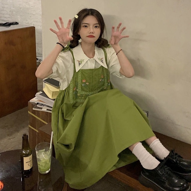 Set Áo Sơ Mi Ngắn Tay Thêu Hoa + Váy Yếm Ren Phong Cách Retro Mới Cho Nữ