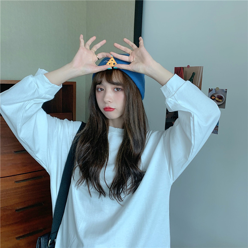 SUXI Áo Thun Tay Dài Màu Trơn Dáng Rộng Phong Cách Hàn Quốc