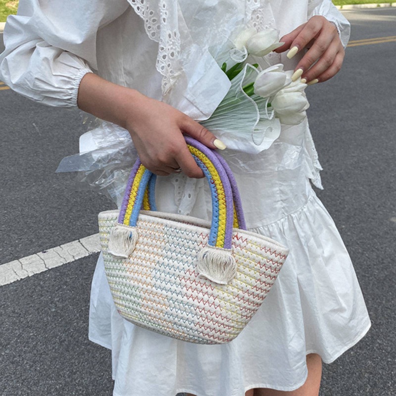 Túi Xách cotton Đan Lát Màu Cầu Vồng Dễ Thương Cho Nữ