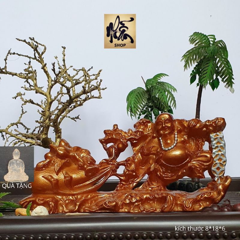 Tượng ngài Di Lặc kéo bao tài lộc,chất liệu poly bột đá đúc đặc bền chắc
