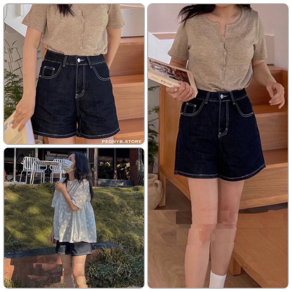 Quần Short Jean Chỉ Nổi PEONYB Nữ [FREESHIP] 🌸 Sooc đùi ống rộng cạp cao phong cách vintage đường phố hàn quốc Ulzzang 🌸 | BigBuy360 - bigbuy360.vn