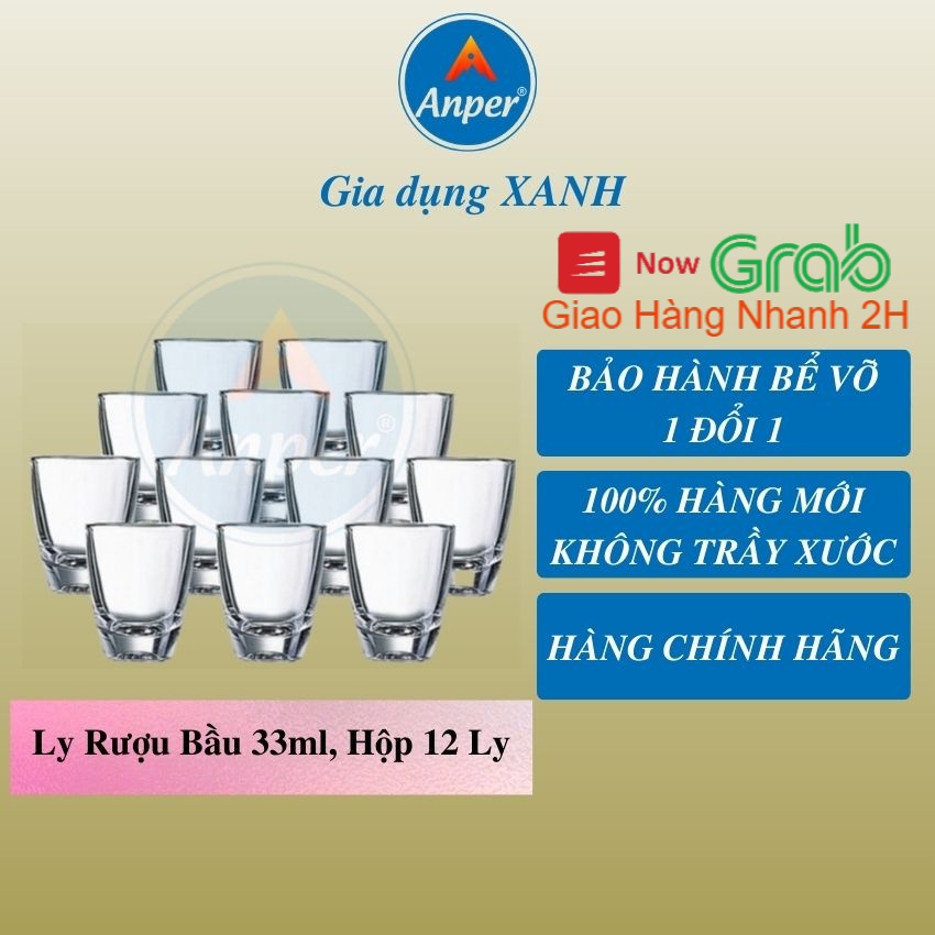 Hộp 12 Cái Ly Thủy Tinh Anper VN  33ml Cao Cấp Sang Trọng- Dùng Uống Rượu Kiểu Dáng Bầu Hiện Đại