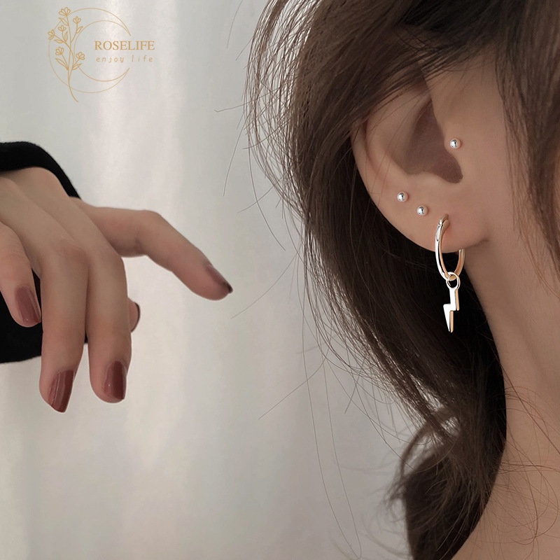 1 Cặp Bông Tai Vòng Tròn Tia Chớp Màu Bạc Thời Trang Hàn Quốc Không Gây Dị Ứng Dành Cho Nam Và Nữ