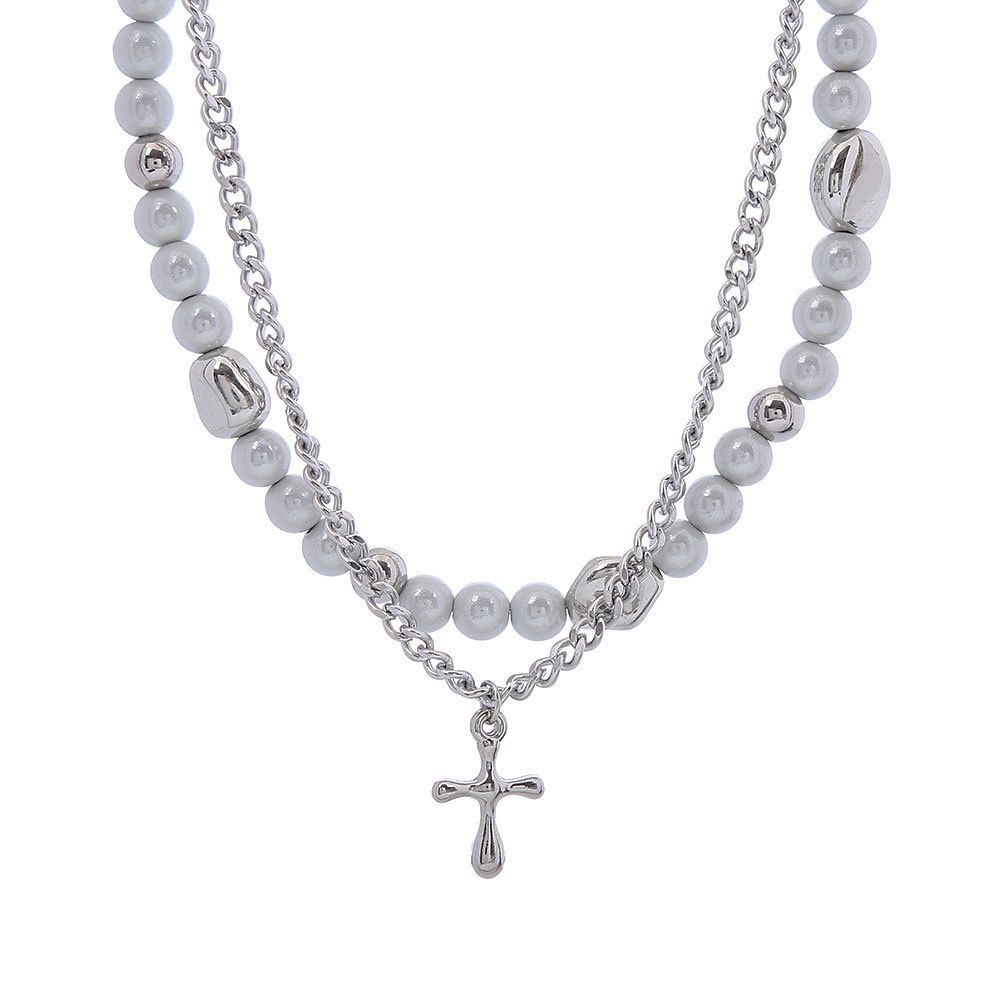 Vòng cổ Hai Lớp Đính Hạt Chữ Thập Phong Cách Hip hop Dành Cho Cặp Đôi