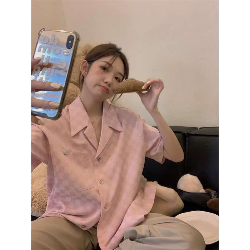 Áo Sơ Mi Tay Ngắn Họa Tiết Sọc Caro Thời Trang Mùa Hè Cho Nữ