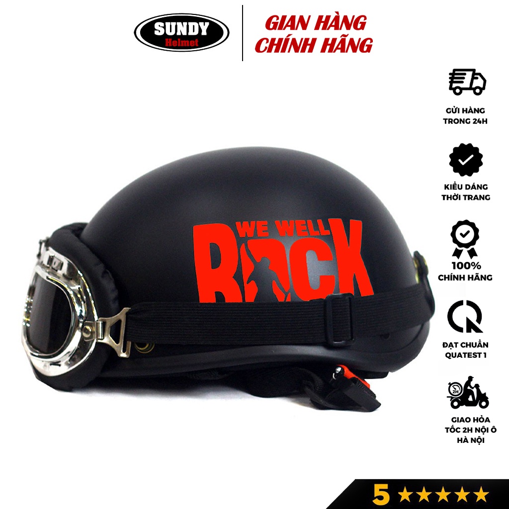 Mũ bảo hiểm 1/2 đầu SUNDY Helmets thời trang, Tem hình ROCK cá tính, Freesize (55-59cm) kèm kính UV, phi công