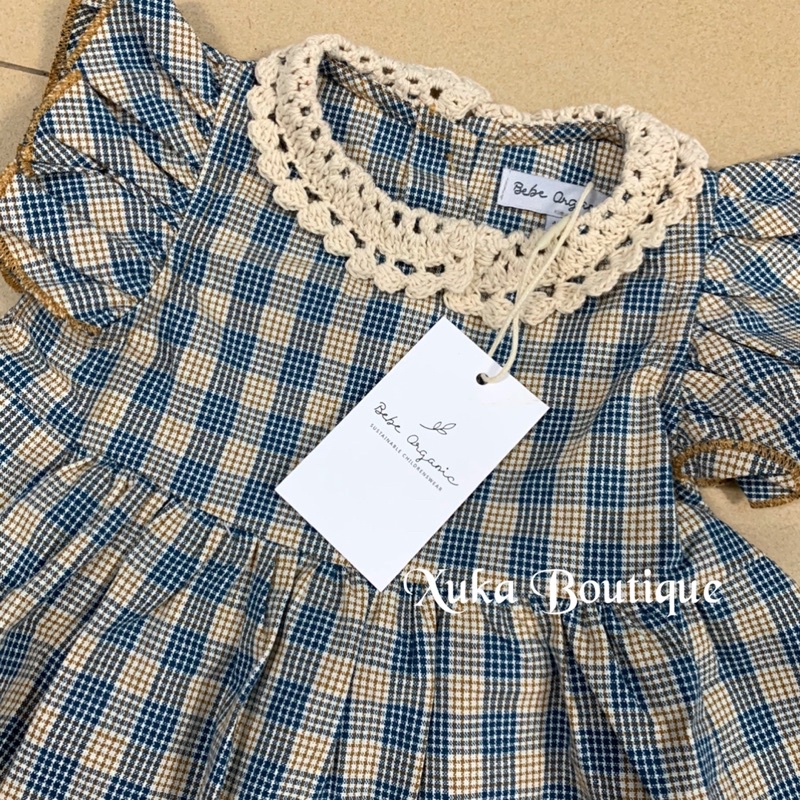 Bộ Quần Áo Trẻ Em Cao Cấp Bebe Organic |Set Áo kèm Quần Cổ Tròn Tay Cánh Tiên Kẻ Caro Bé Gái (Ảnh thật)