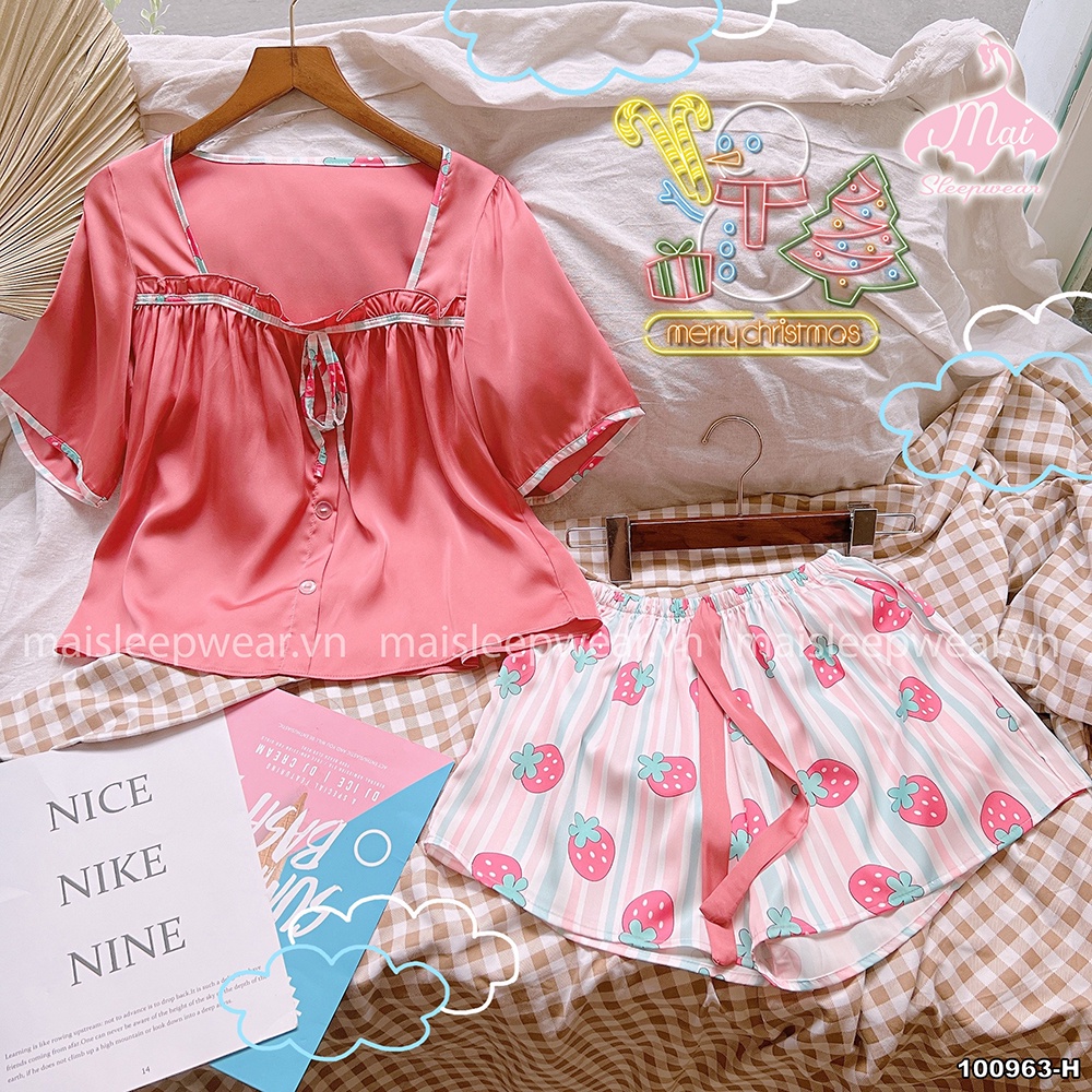 Bộ Đồ Ngủ Pyjama MAI SLEEPWEAR Lụa Mặc Nhà Áo Tay Ngắn Cổ Vuông Quần Ngắn Phối Họa Tiết Trẻ Trung Cao Cấp MS963