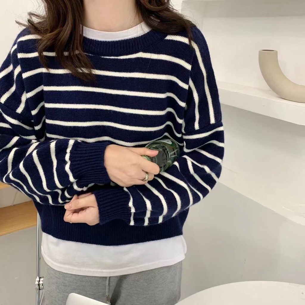 Áo sweater kẻ sọc dáng rộng thời trang phong cách Hàn Quốc