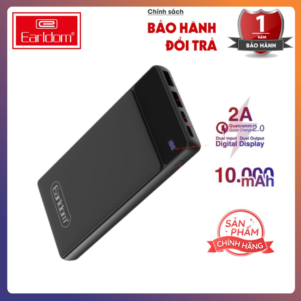 Pin Sạc Dự Phòng Earldom PB40 10000 Mah ⚡️ Hàng Chính Hãng ⚡️ 2 Cổng ra Usb, Màn Hình Hiển Thị Pin - Bảo Hành 12 Tháng