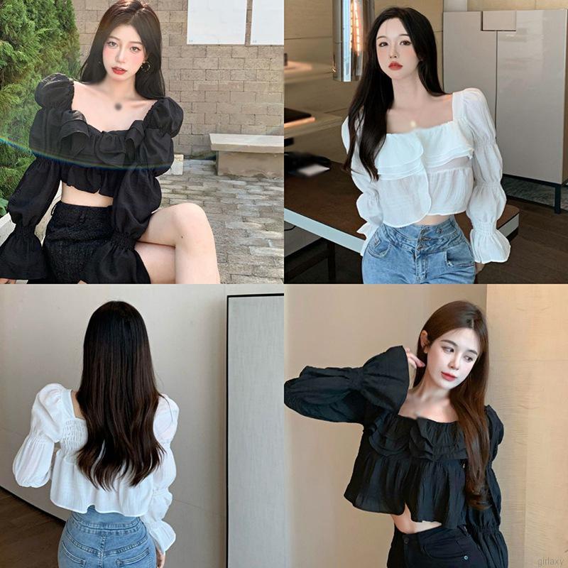 Áo croptop tay dài phồng cổ vuông dáng ôm chất liệu chiffon thời trang Hàn Quốc cổ điển cho nữ | BigBuy360 - bigbuy360.vn