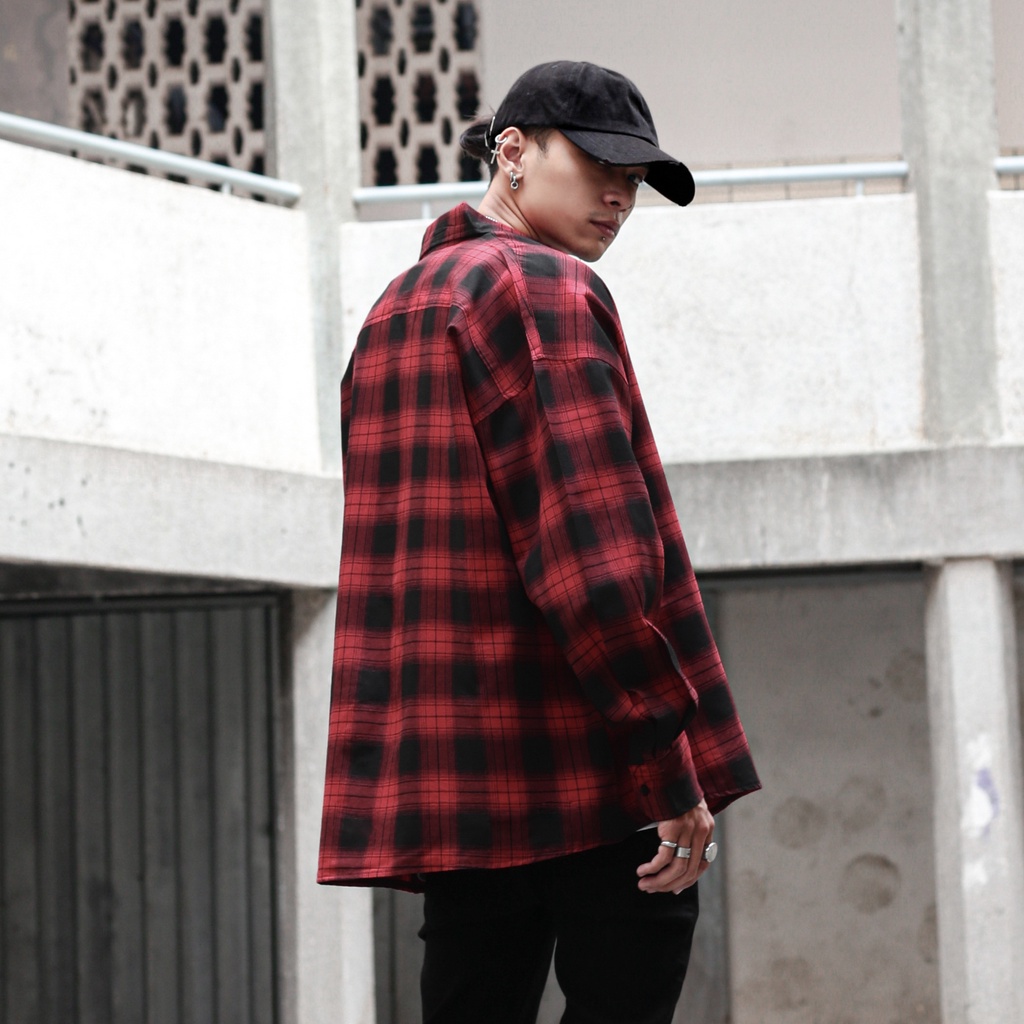 Áo Sơ Mi Flannel Màu Đỏ Sọc Tím Form Rộng Thoải Mái Chất Liệu Cotton Thoáng Mát