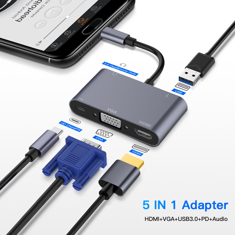 Thiết bị chuyển đổi Type-C 5 trong 1 với cổng VGA HDMI PD USB3.0 tiện dụng chất lượng cao