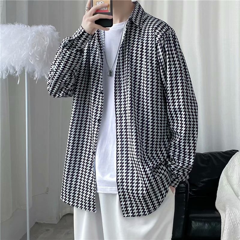 Áo Sơ Mi Tay Dài Dáng Rộng Kẻ Sọc Caro Trẻ Trung Phong Cách Hàn Quốc Cho Nam Size M-3Xl