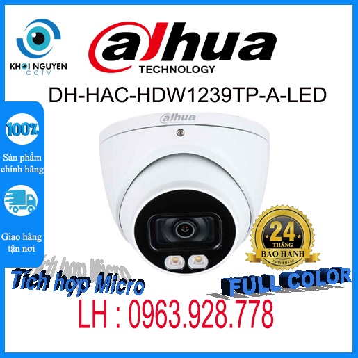 Camera Dome HDCVI 2MP Full Color có mic thu âm DAHUA DH-HAC-HDW1239TP-A-LED