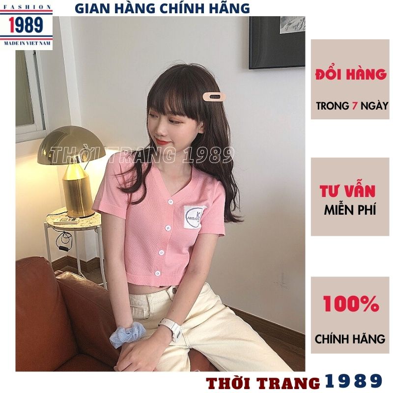 Áo thun croptop nữ tay cộc cổ v có LOGO 6 mầu chất cottong mềm mịn kiểu dáng hàn quốc -PHƯƠNG VŨ 1989