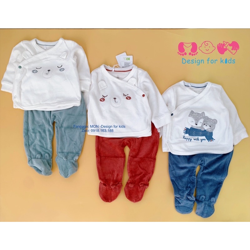 Bộ nỉ nhung xuất dư Blukids Bebé cho bé gồm áo cúc bấm vạt chéo, quần cạp cao liền tất thú