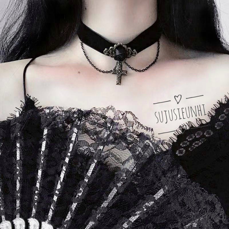 Vòng cổ choker hoa hồng vải nhung mặt chữ thập kèm chain phong cách gothic