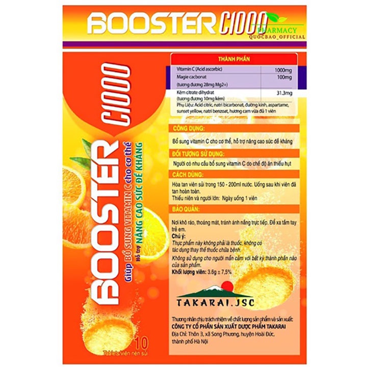 Booster C1000 - Viên Sủi Vitamin C 1000mg Giúp Bổ Sung Cho Cơ Thể, Hỗ Trợ Nâng Cao Sức Đề Kháng - TP124