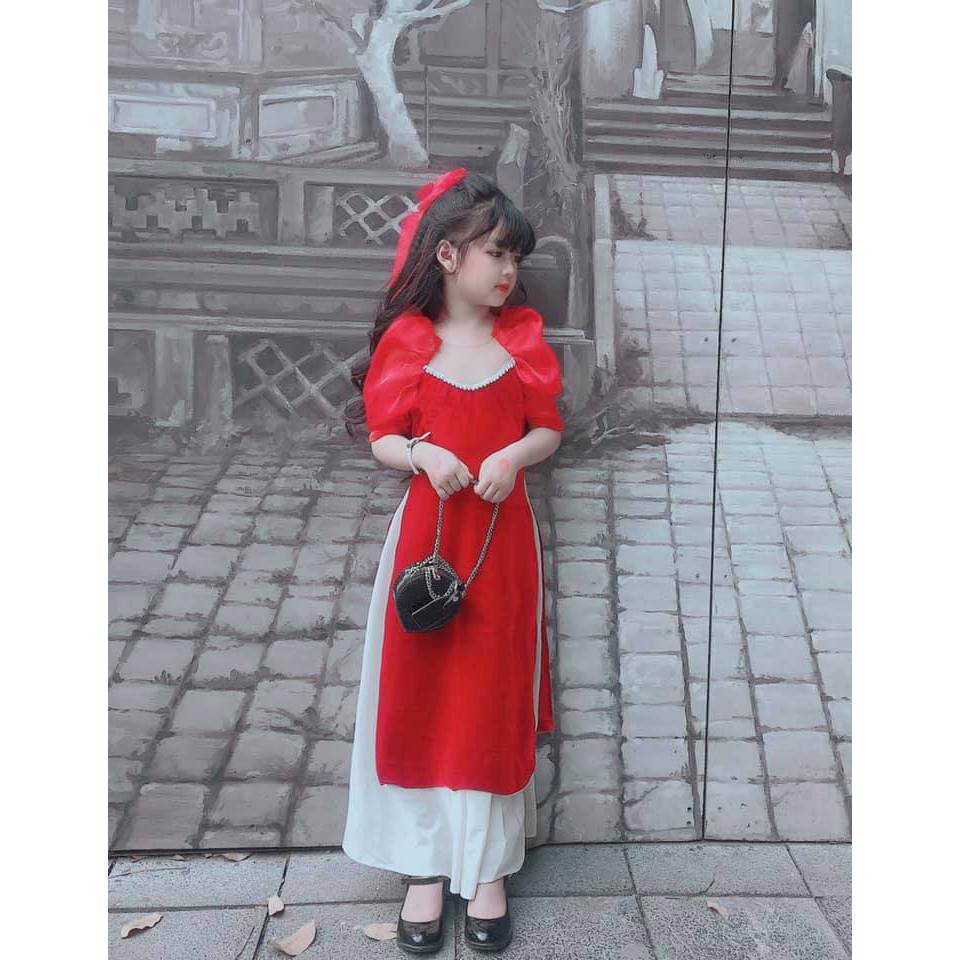 Áo dài cách tân 🛑 áo dài truyền thống 🎀 vải nhung mềm cao cấp tay bồng đính cổ ngọc chai long lanh siêu chanh xả