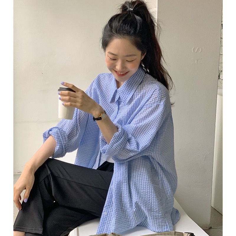 Áo Khoác cotton Dáng Dài Họa Tiết Sọc Caro Phong Cách Hàn Quốc Thời Trang Mùa Xuân Cho Nữ