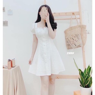 Đầm trắng babydoll Chakovet CKV9013 - kiểu váy tiểu thư trơn cúc bọc chun sau freesize cực thoải mái