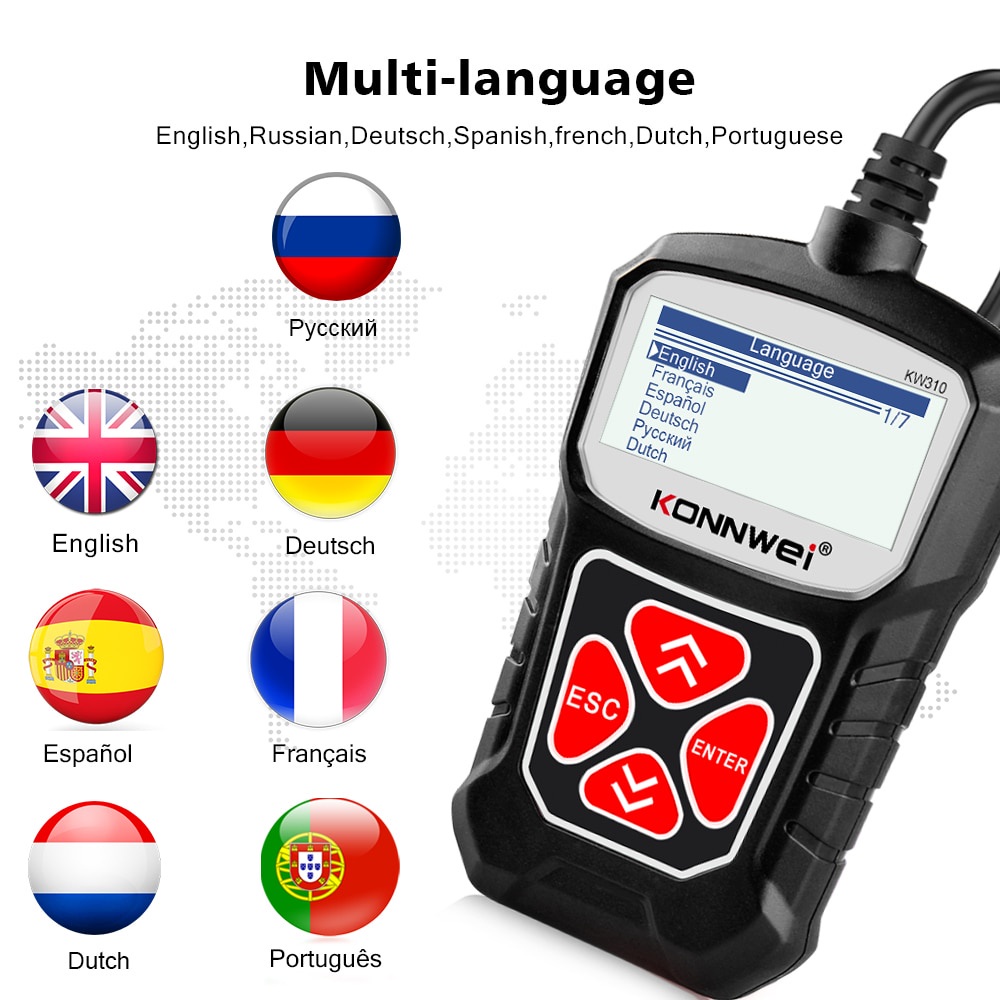 Konnwei kw310 obd2 Cho Máy Quét Xe Hơi Tự Động obd 2, Máy Quét Ngôn Ngữ pk elm327