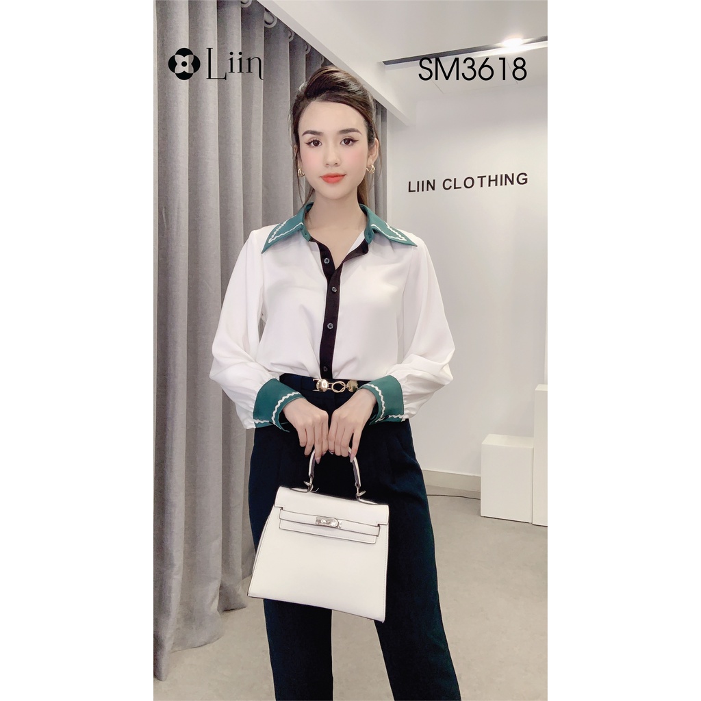 Áo sơ mi nữ màu Trắng phối Cổ Xanh form công sở thời thượng Liin Clothing SM3618