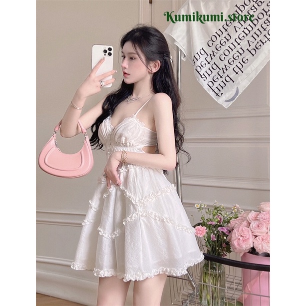 Đầm Trắng Xoè Công Chúa 2 Dây Hàng Thiết Kế Cutout Nơ Sau Lưng mã KM010