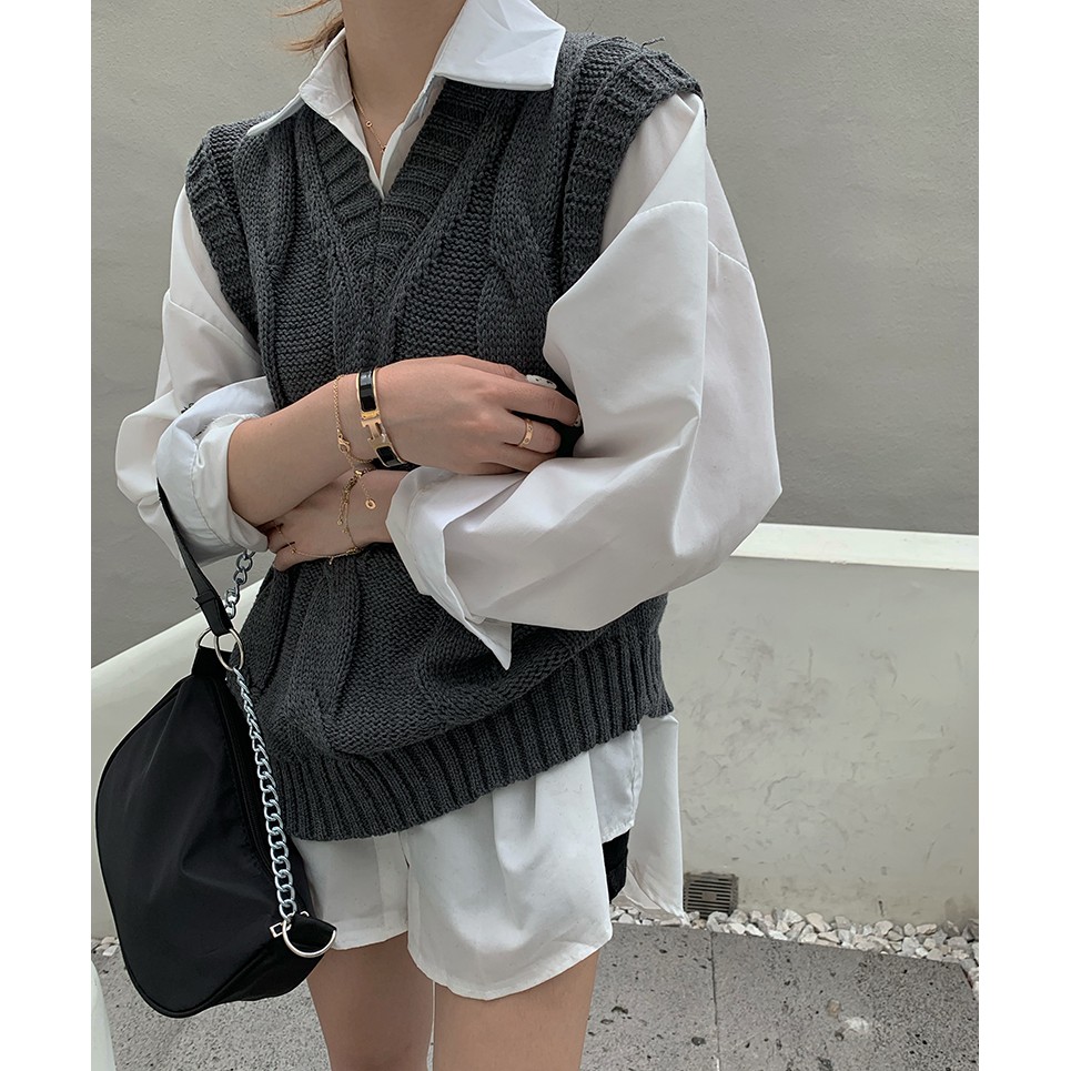 Áo sơ mi trắng dài tay / Áo khoác len không tay thời trang cho nữ | BigBuy360 - bigbuy360.vn