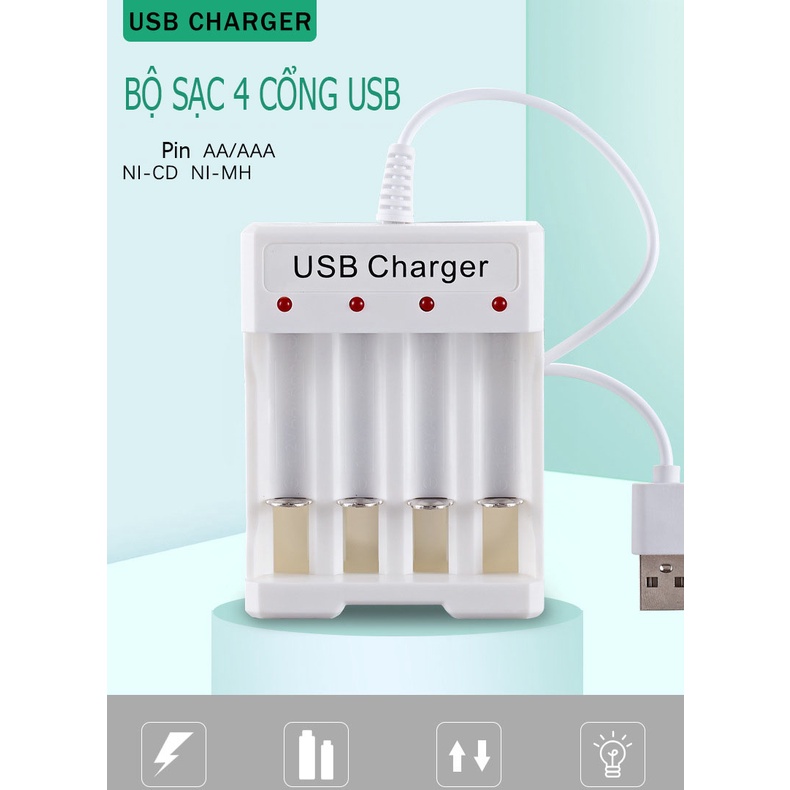 Combo Bộ sạc pin tiểu AA AAA 4 cổng Bmax B04 kèm theo 04 viên pin sạc lại AA/AAA