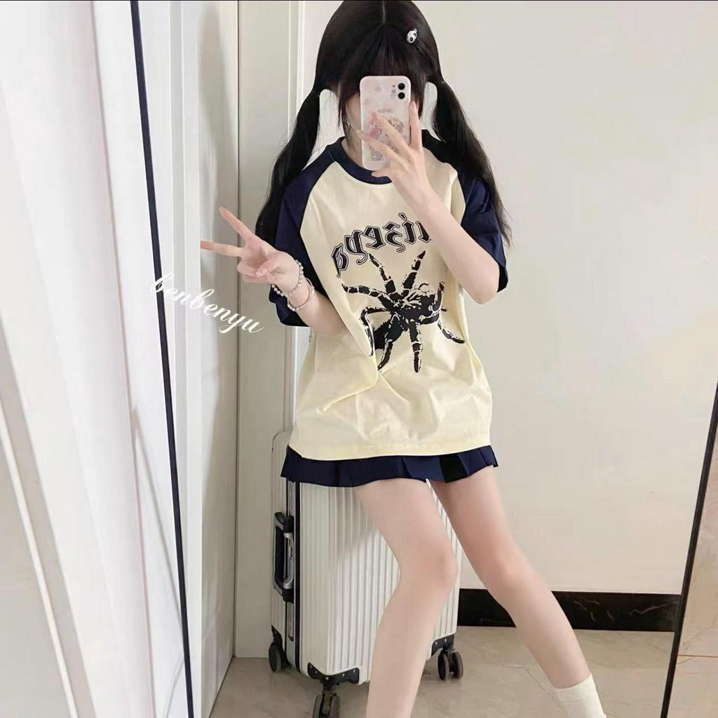 Ethelgirl Áo Thun Tay Ngắn Dáng Rộng In Khối Màu Thời Trang Hàn Quốc Cổ Điển Dành Cho Bạn Nữ