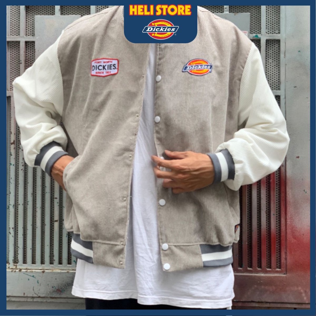Áo Khoác Bomber Jacket Varsity Dickies Xám Trắng - Form rộng oversize - Chất liệu nhung tăm cao cấp.