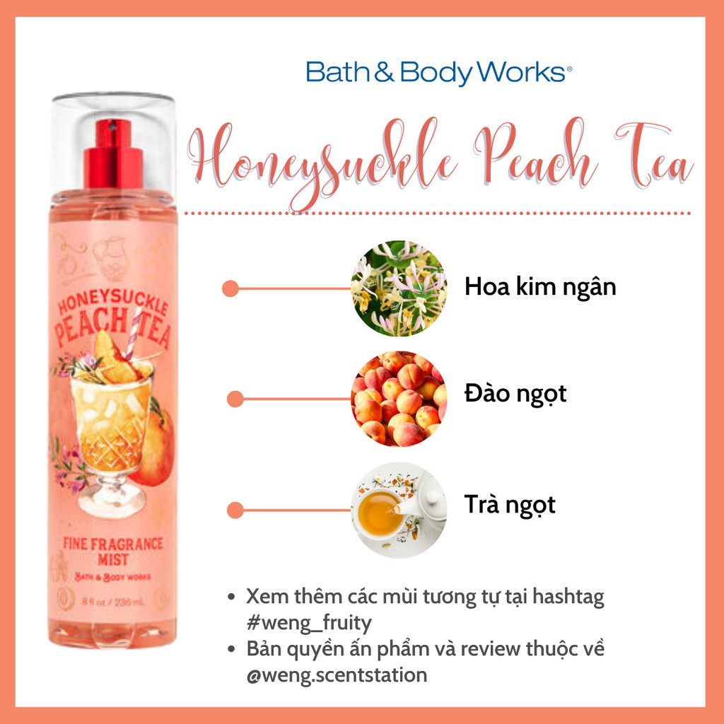 Xịt thơm toàn thân Bath & Body Works mùi Honeysuckle Peach Tea | Thế Giới Skin Care