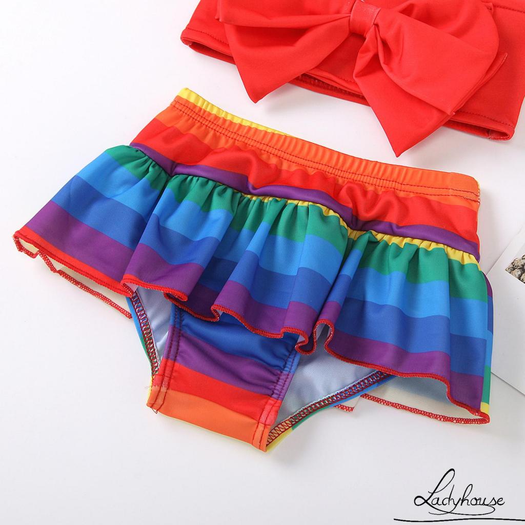 Ld-bộ Đồ Bơi Hai Mảnh Áo Cổ Yếm Và Quần Ngắn In Họa Tiết Màu Hồng/Đỏ/Cam Cho Bé Gái