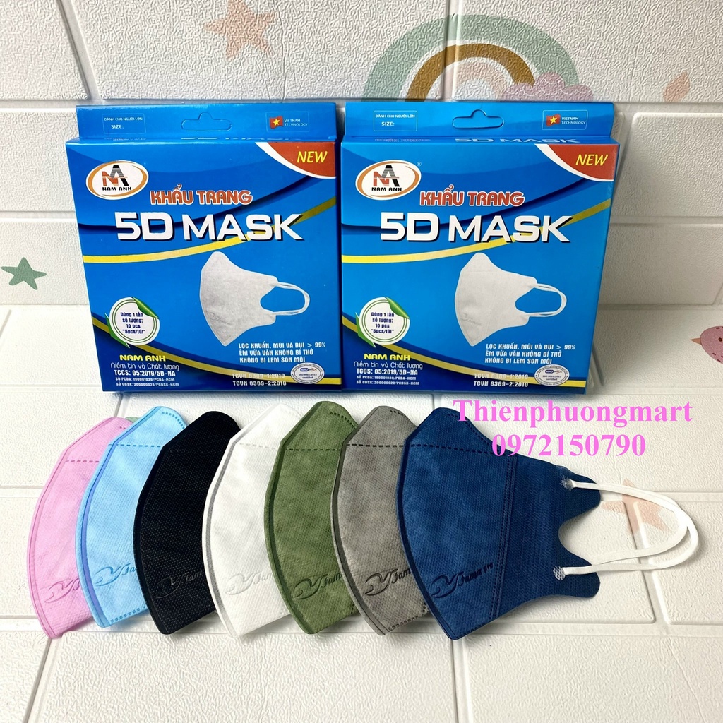 Khẩu trang 5D NAM ANH FAMAPRO 3 lớp Kháng Khuẩn 10 cái/ hộp Trắng, Hồng, Xanh Y Tế, Xanh Rêu, Xanh Navy, Xám, Đen