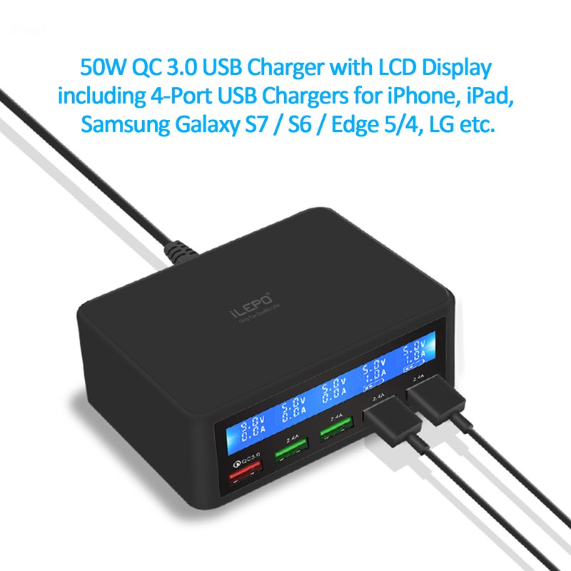 Cốc sạc nhanh để bàn sạc nhanh Quick Charge 3.0 màn hình hiển thị đèn LED bảo hành 12 tháng ILEPO818 black củ sạc