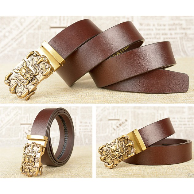 Thắt Lưng Dây Nịt Nam Da Bò Nguyên Miếng Thật 100% Khóa Tự Động Mặt Rồng - Đồ Da Kingshop