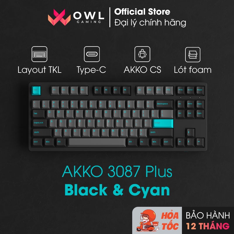 Bàn phím cơ AKKO 3087 Plus Black & Cyan (Foam tiêu âm / AKKO CS switch)