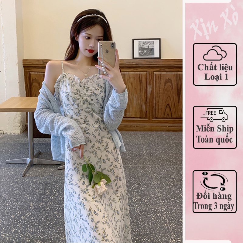 {Hàng Có Sẵn} Đầm 2 Dây Hoa Nhí Bèo Nhún Ngực Áo Khoác Cardigan Kiểu Dáng Hàn Quốc Mẫu Mới 2022 HLHT03 XINXOSHOP