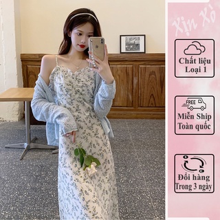 {Hàng Có Sẵn} Đầm 2 Dây Hoa Nhí Bèo Nhún Ngực Áo Khoác Cardigan Kiểu Dáng Hàn Quốc Mẫu Mới 2022 HLHT03 XINXOSHOP
