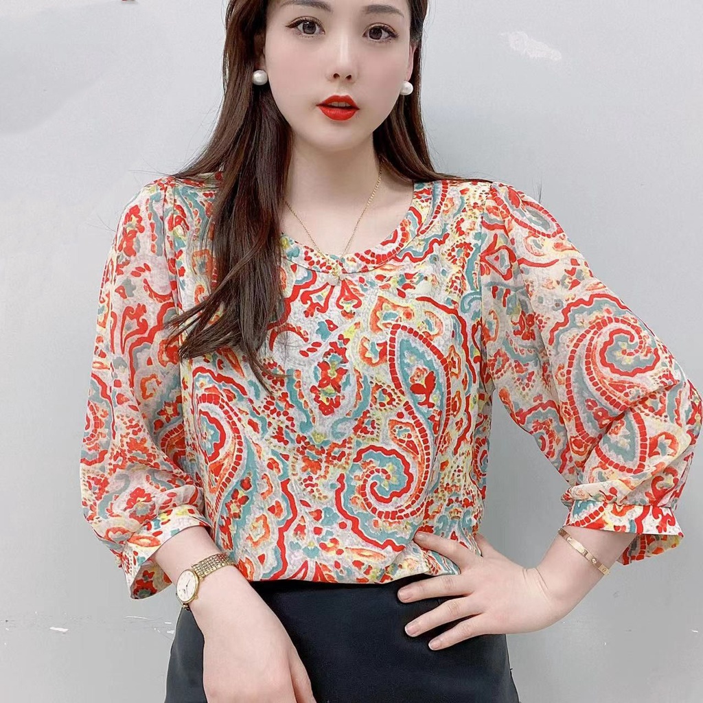 Áo Sơ Mi chiffon Ngắn Tay Cổ Tròn In Họa Tiết Hoa Thời Trang Mùa Hè Cho Nữ